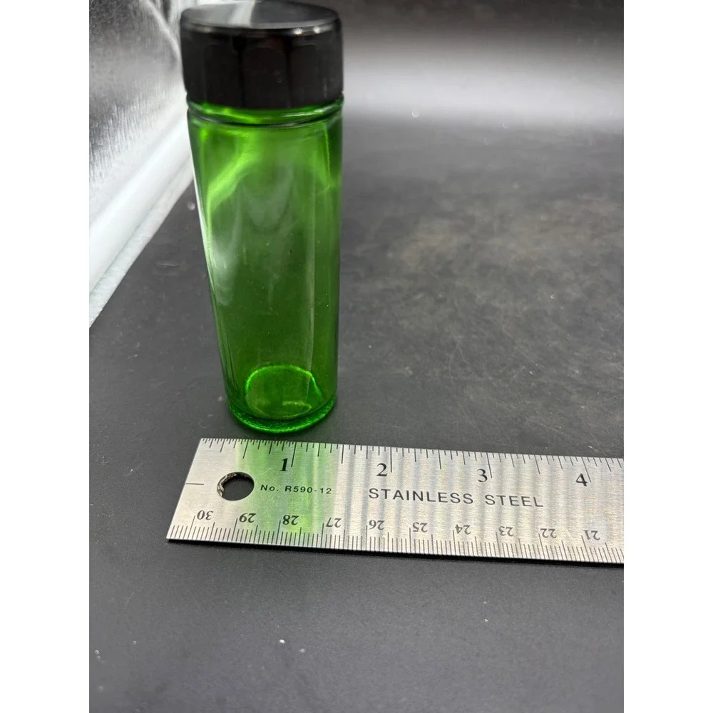 Vintage Emerald Green Glass Apothecary Jar Vial with Black Screw Lid 4 inch